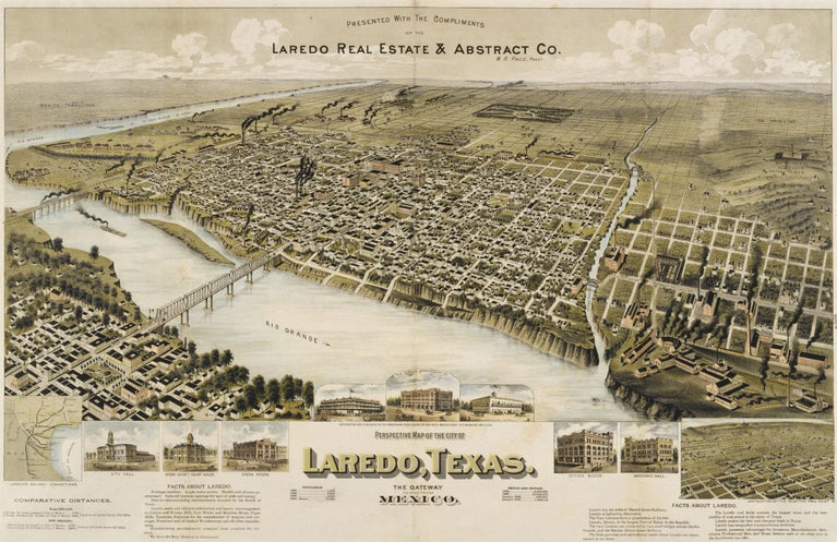 Historic Map - Laredo, TX - 1892 Canvas Print, Retro, Antique Canvas Wall Art Poster Sticker