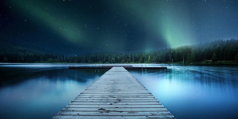 Northern Lights And A Dock Landscape Canvas Wall Decor, Northern Lights Landscape Canvas Print Wall Art Poster Sticker