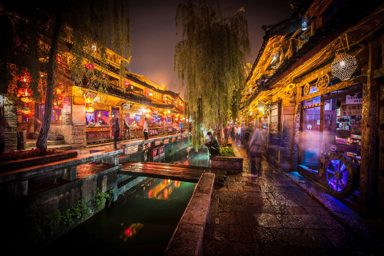 China Old Town Nightlife Lijiang, City Landcape Art Print Wall Decor Poster Sticker