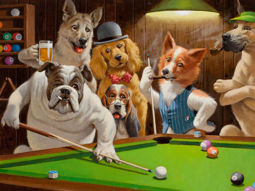 Dogs Playing Pool by Arthur Sarnoff Famous Canvas, Poster, Fine Art Print, Wall Mural Sticker