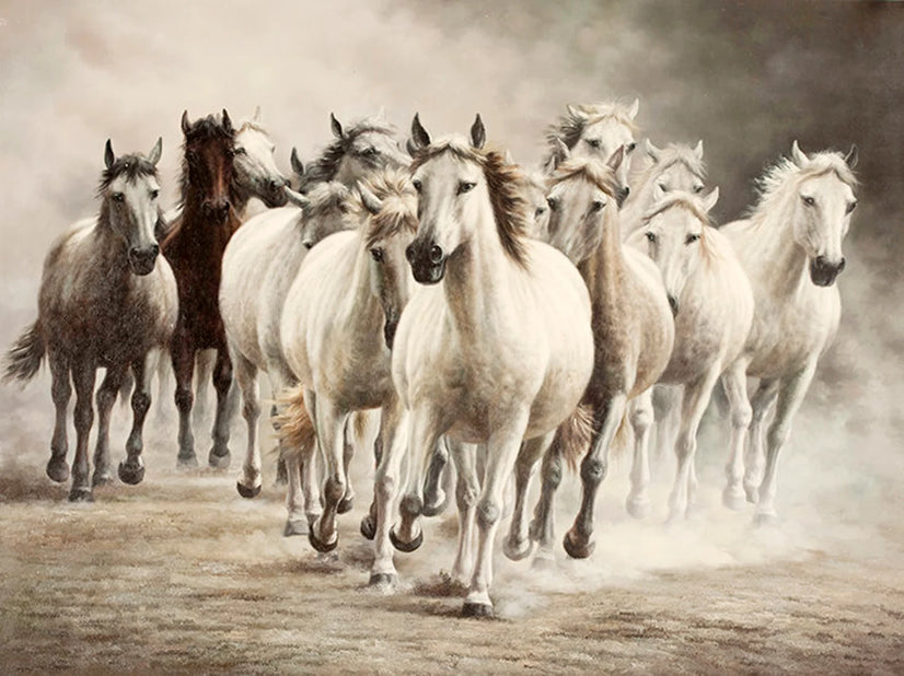 White Stallion Horses Painting Canvas Print Wall Art Poster Sticker