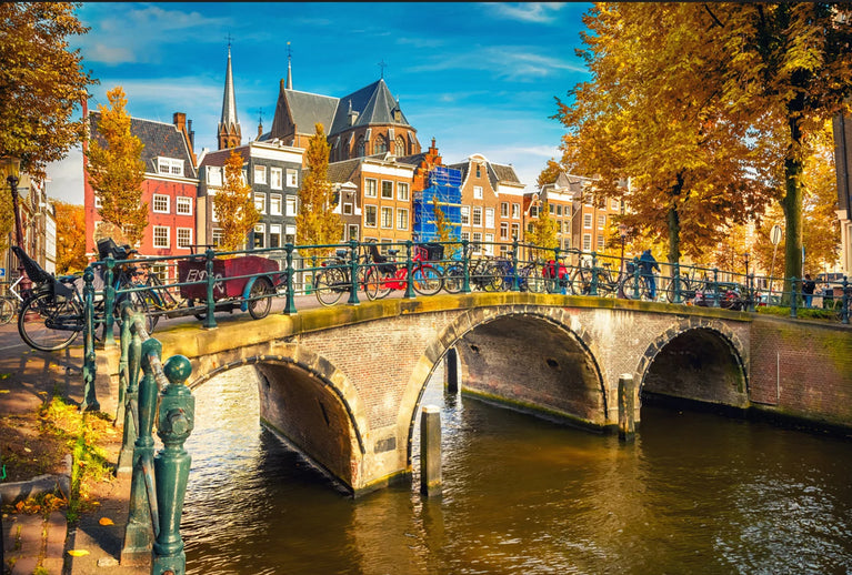 Colorful Bicycles On A Bridge In Amsterdam, Netherlands Cityscape Canvas Wall Art Poster Sticker