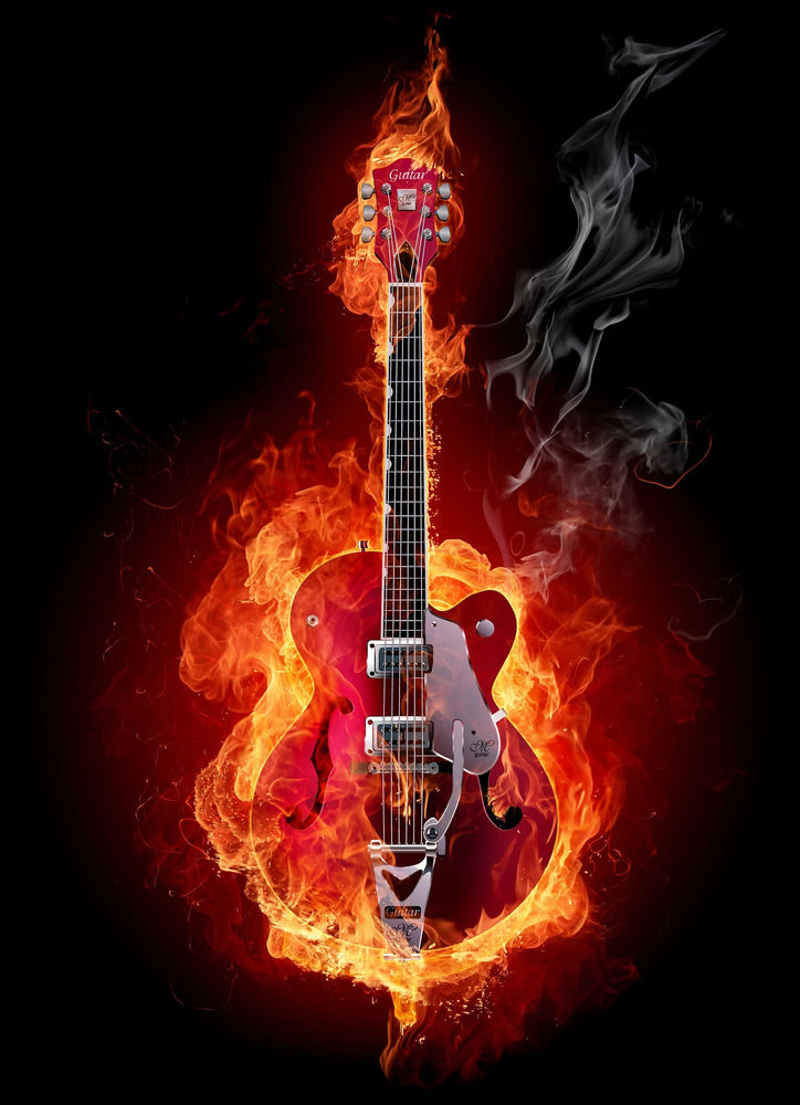 Electric Guitar, Guitar, Fire, Flame, Burning, Red, Rock Music, Smoke, Black, Musical Instrument Poster Sticker