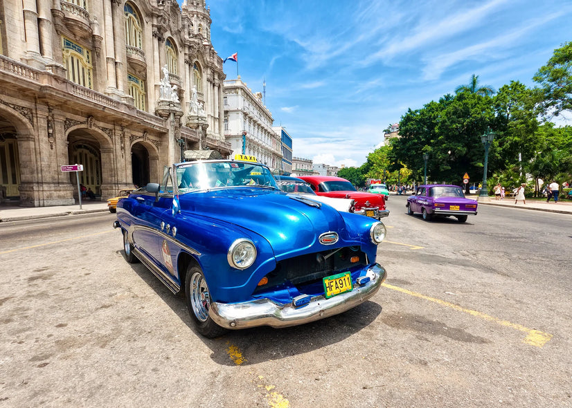 Blue Cuba Car Canvas Print, Vintage Wall Art Poster Sticker