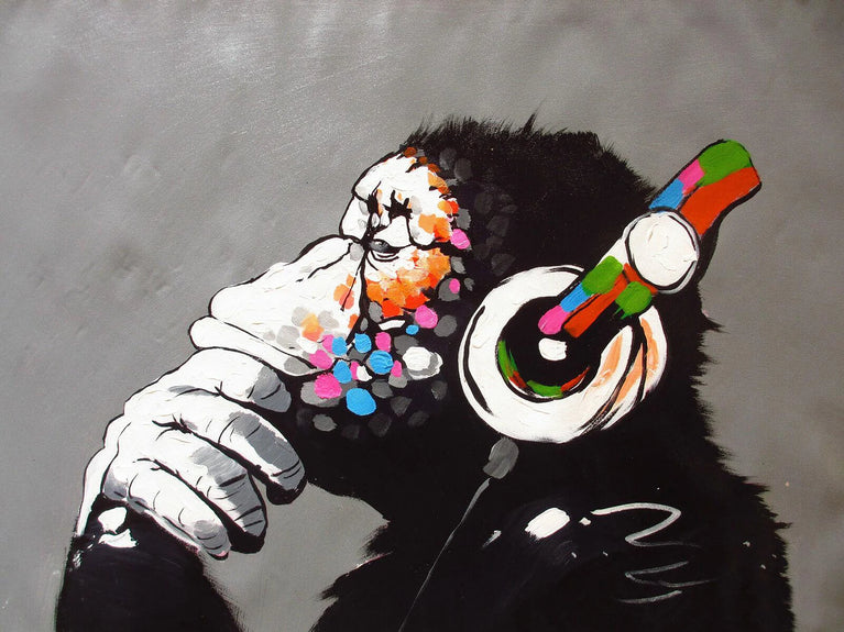 Thinking Monkey With Headphone, Banksy DJ Monkey Painting Canvas Printing Wall Art Poster Sticker